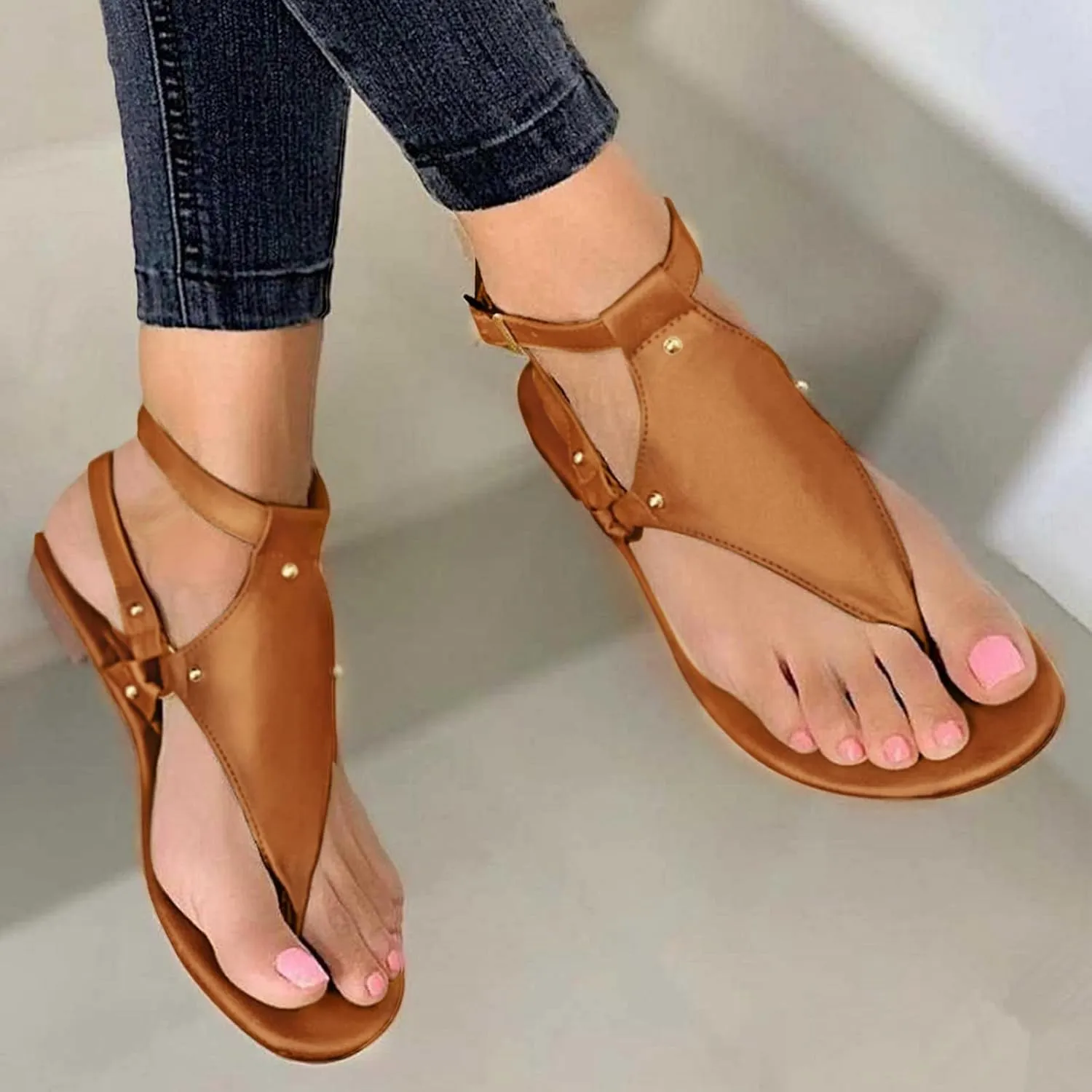 Women's Flat Sandals 2024 Thong Sandals For Women Open Toe Shoes Flat Beach Sandals Ladies Buckle Strap Flip Flops Shoes