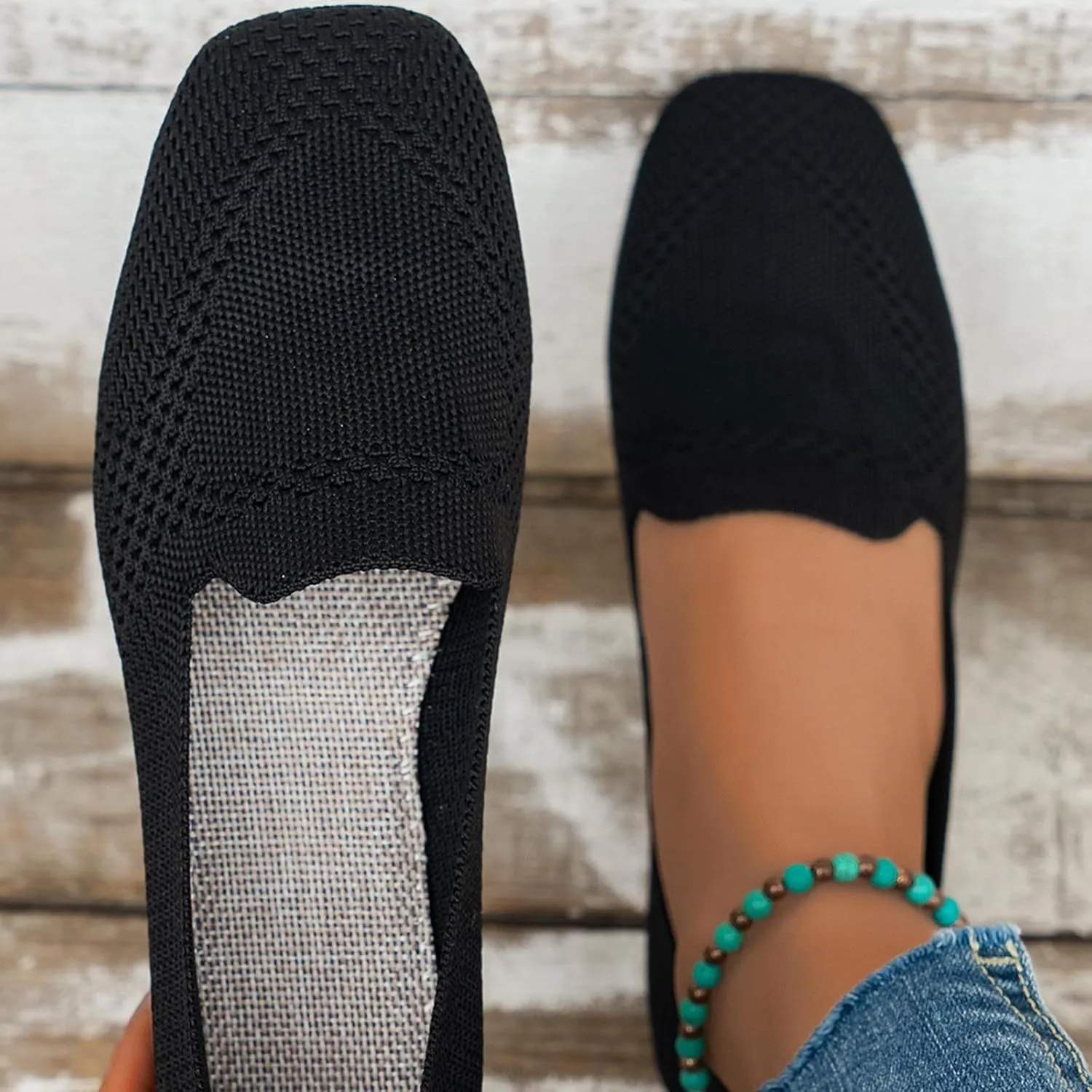 Women's Fly Weave Flat Shoes Large Size Square Toe Flat Shoes Casual Comfortable One Foot Stirrups Work Single Shoes