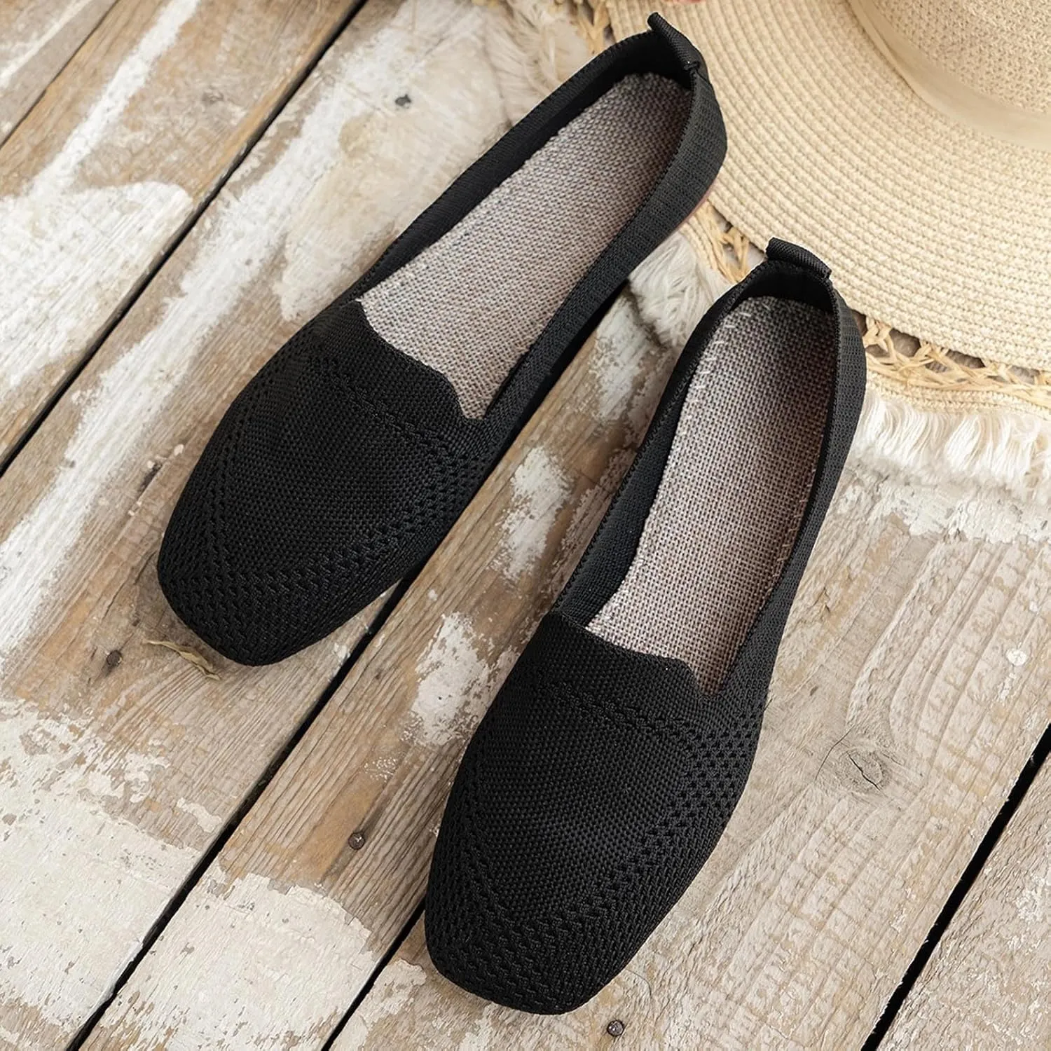 Women's Fly Weave Flat Shoes Large Size Square Toe Flat Shoes Casual Comfortable One Foot Stirrups Work Single Shoes