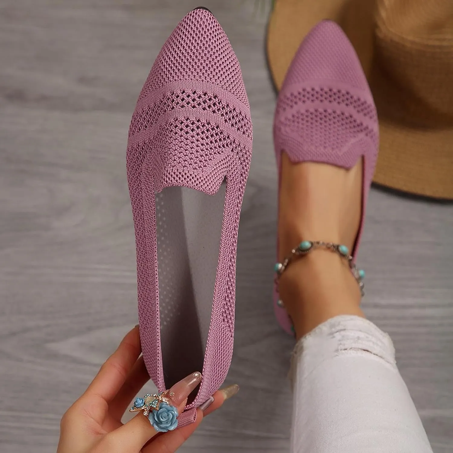 Women's Fly Weave Flat Shoes Pointed Toe Fashion Single Shoes Mesh Breathable Shoes Casual Shopping Flat Shoes