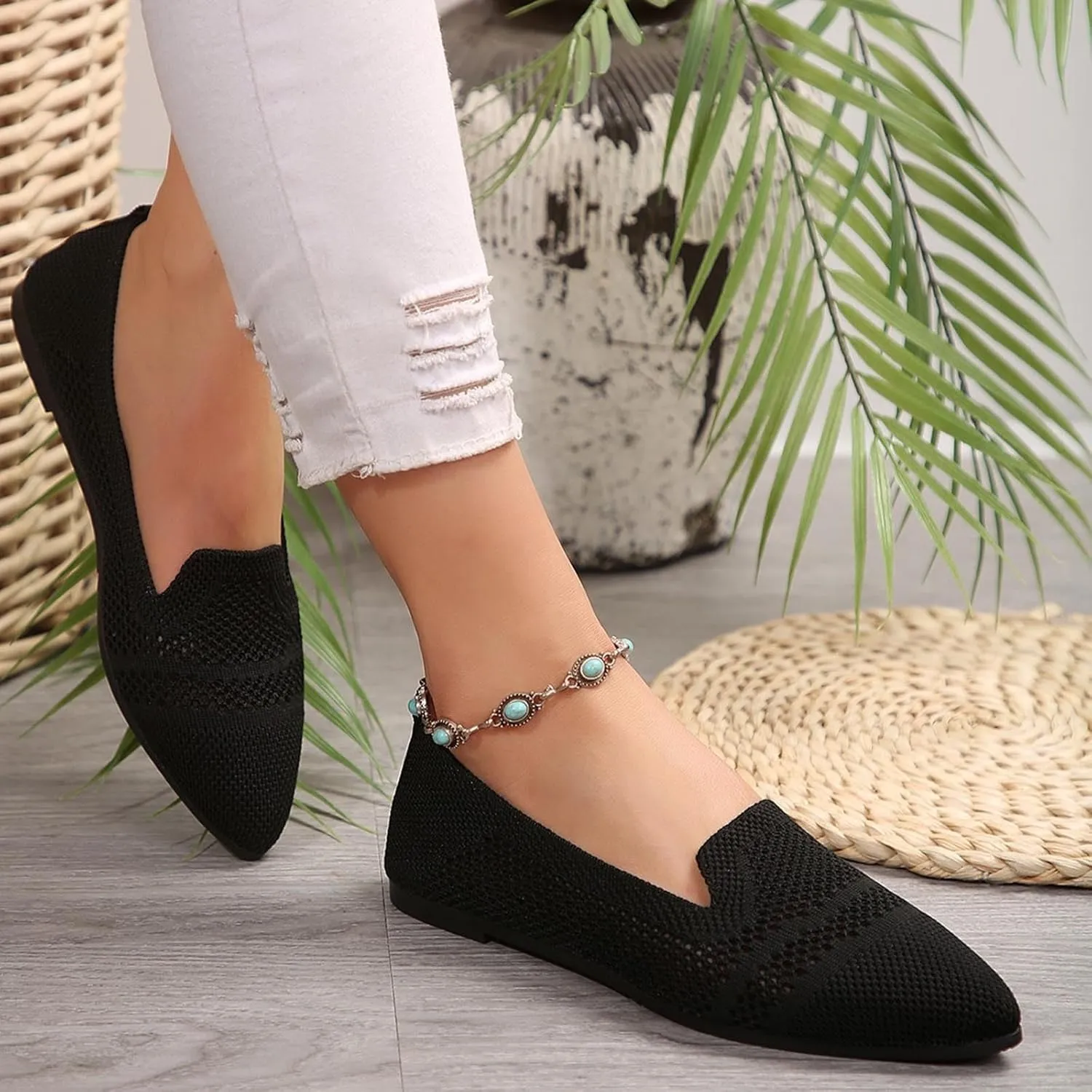 Women's Fly Weave Flat Shoes Pointed Toe Fashion Single Shoes Mesh Breathable Shoes Casual Shopping Flat Shoes