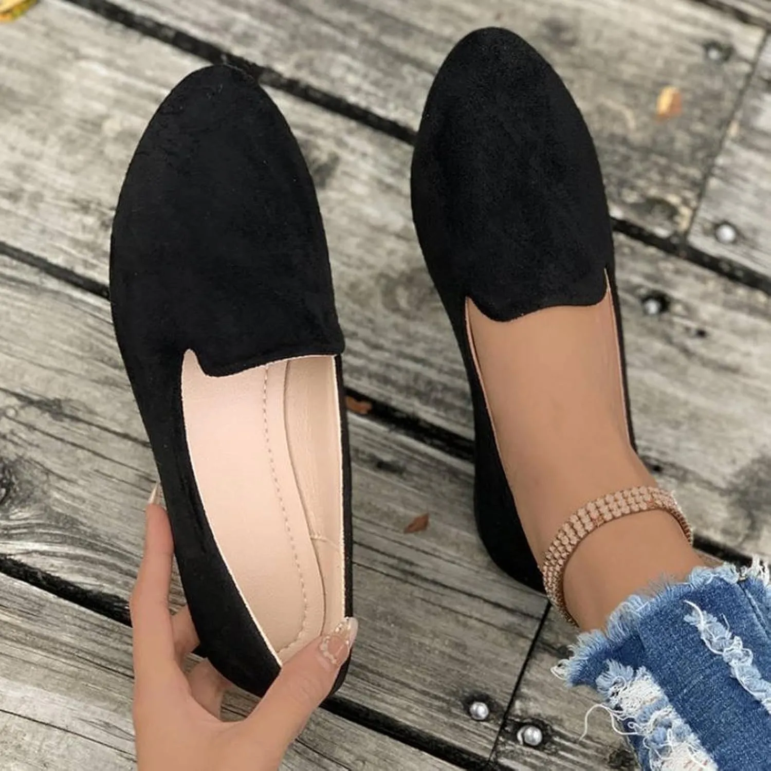 Women's Round Head Suede Flat Shoes Casual One Foot Stirrup Shallow Mouth Flat Shoes Flat Heeled Work Single Shoes