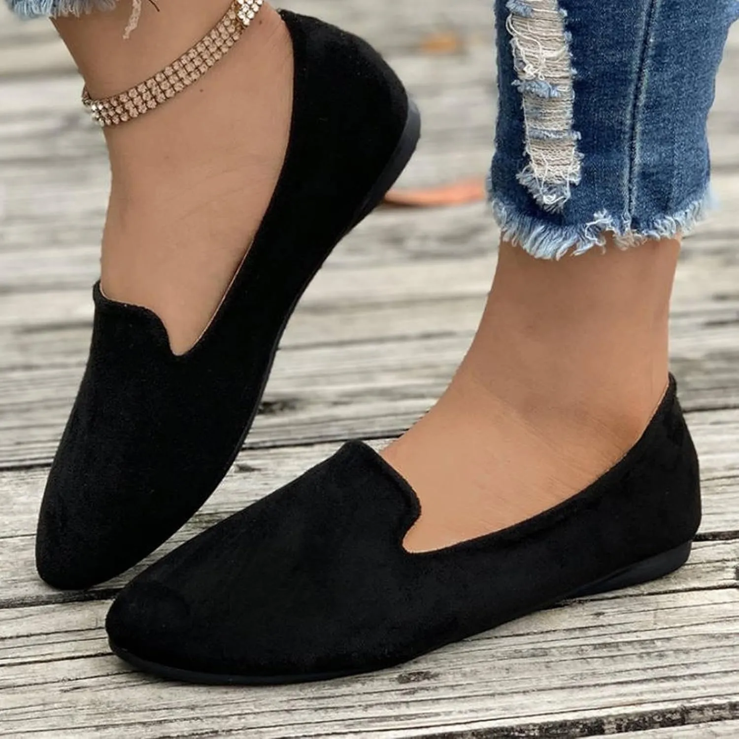 Women's Round Head Suede Flat Shoes Casual One Foot Stirrup Shallow Mouth Flat Shoes Flat Heeled Work Single Shoes