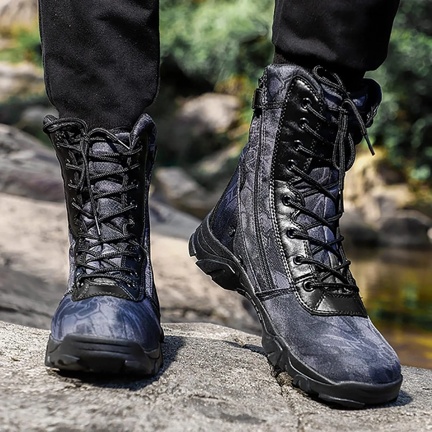 Woodland Camo Tactical Combat Shoes for Men, Spring Summer Waterproof Soft and Comfort Breathable Tactical Boots, Outdoor Durable Rubber Sole Hiking Shoes