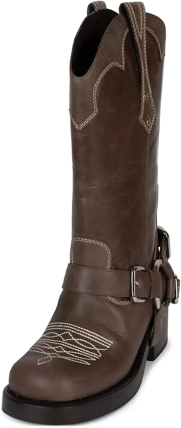 Yishaweiqi Women's Studds Biker Boots Chunky Heel Square Toe Knee High Boots Side Zipper Western Boots Fall Dress Riding Boots Motorcycle Boots