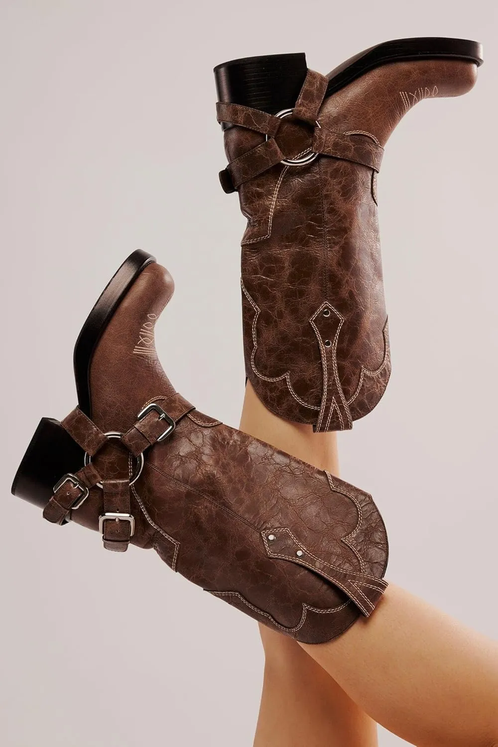 Yishaweiqi Women's Studds Biker Boots Chunky Heel Square Toe Knee High Boots Side Zipper Western Boots Fall Dress Riding Boots Motorcycle Boots