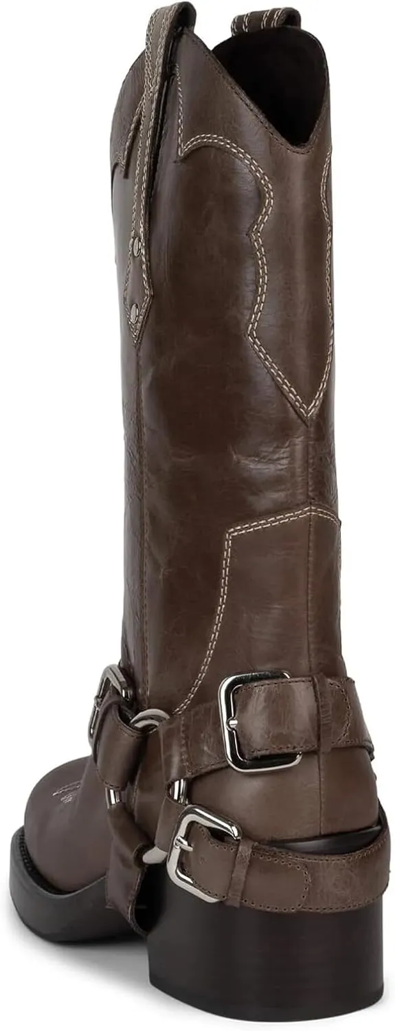 Yishaweiqi Women's Studds Biker Boots Chunky Heel Square Toe Knee High Boots Side Zipper Western Boots Fall Dress Riding Boots Motorcycle Boots