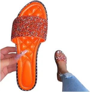 ZBYY Women's Rhinestone Flat Sandals Summer Dressy Beach Slip on Sandals Casual Open Toe Flat Slippers Sandals