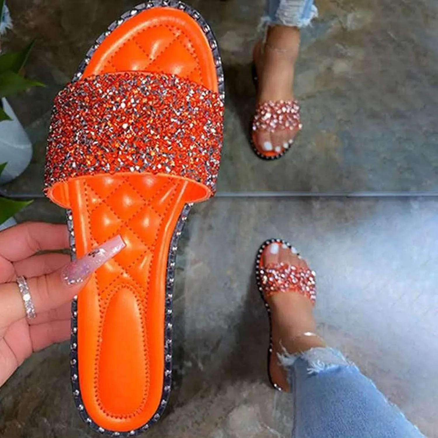ZBYY Women's Rhinestone Flat Sandals Summer Dressy Beach Slip on Sandals Casual Open Toe Flat Slippers Sandals